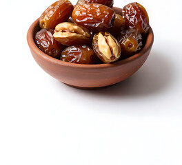 Clay bowl filled with dates and nuts, Middle Eastern Ramadan food
