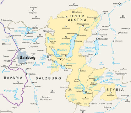 Salzkammergut region, a resort area in Austria, Europe, political map. Stretching from the city of Salzburg eastwards to Dachstein Mountains, featuring iconic Sound of Music filming locations. Vector
