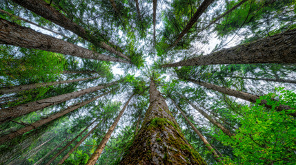 Obraz premium Looking up through a dense forest of tall evergreen trees with green foliage creating a natural canopy against a bright sky on a clear day