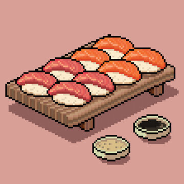Pixel art nigiri sushi platter with salmon and tuna on wooden board in 8-bit retro style. vector illustration of traditional japanese nigiri set featuring raw fish atop rice with soy and sesame sauce
