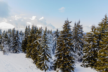 Panoramic winter view of snowy mountains and hills under a cloudy sky