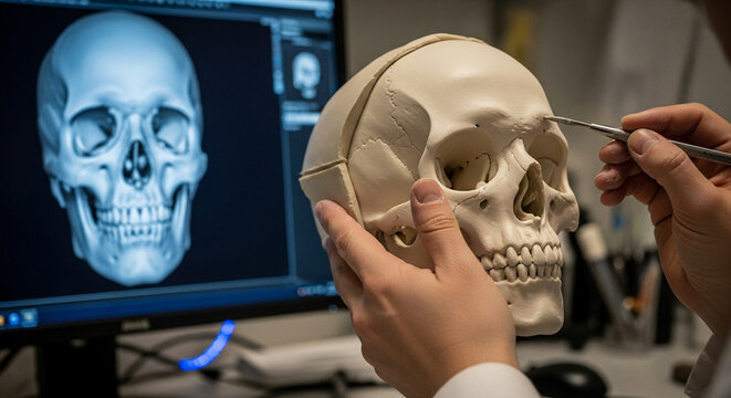 Medical professional studying human skull model with digital scan on monitor