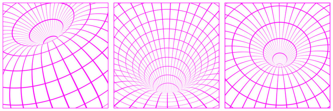 abstract digital art of three magenta grid patterns forming mesmerizing tunnels and vortexes on a transparent background.