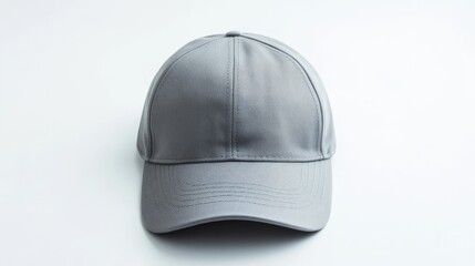 Fototapeta premium Aerial perspective of a sleek gray cotton baseball cap set against a clean white background, showcasing its top view with intricate stitching details and a neatly curved brim; the cap features an