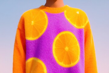 Bright orange sweater with lemon patterns worn by a model against a clear sky background