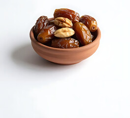 Clay bowl filled with dates and nuts, Middle Eastern Ramadan food
