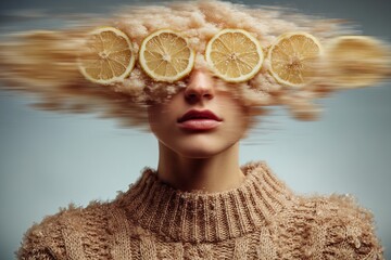Woman with lemon slices hovering above her head and a blurred background during a creative art session in a studio