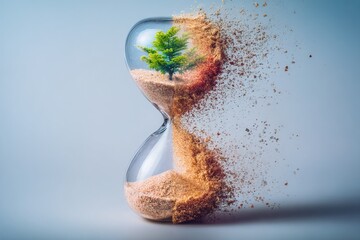 Growing tree inside hourglass shows the passage of time with sand and nature blending together in a creative concept