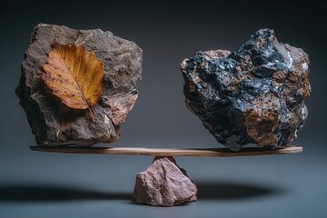 Two rocks balanced on a wooden beam with a leaf resting on one side during indoor setup under studio lighting