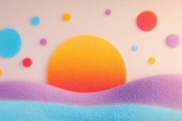 Bright colors show a sunset over a soft landscape with round shapes in the foreground and background during the evening