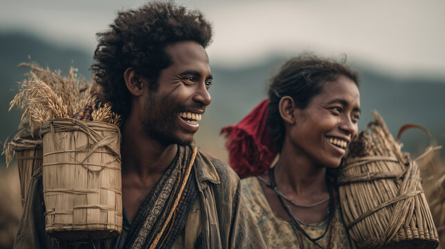 Smiling couple participating in Meci related village harvest events in Timor Leste, carrying wicker baskets filled with dry grass.