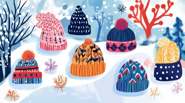 A detailed, modern cartoon-style illustration showcasing a diverse set of warm clothing accessories for autumn and winter. The image features a variety of knitted hats, including trapper and beret