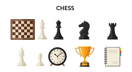 Chessrelated items displayed with a title above them on a white background © Kenywanch