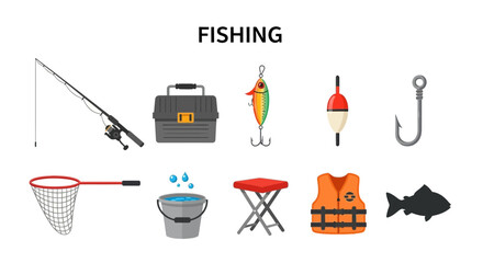 Collection of fishing equipment icons on a white background © Kenywanch