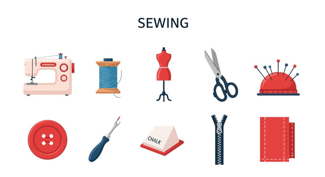 Collection of ten flat illustration icons representing various sewing tools and notions
