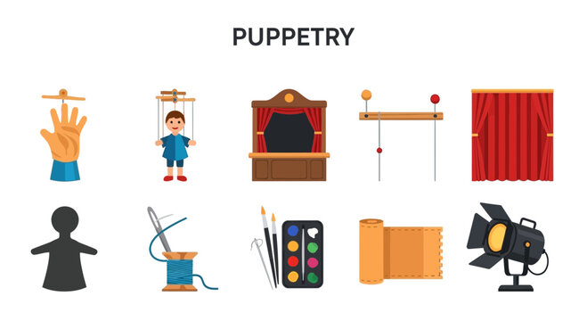 Flat icons representing various elements of puppetry including puppets stage and craft supplies