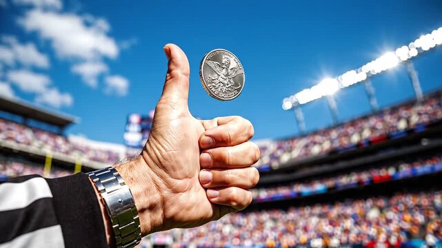 Referee tossing a coin at a football stadium