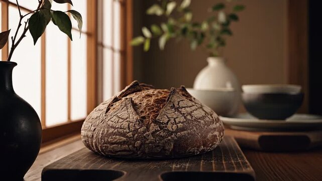 Freshly baked artisan bread with decorative background. The bread rests on a wooden board, with vases and other elements in the background, by a window.