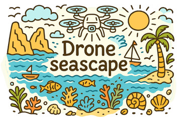 Doodle Drone Seascape. Drone seascape. Hand-drawn doodle illustration of drone seascape. Drone, cliffs, sea,