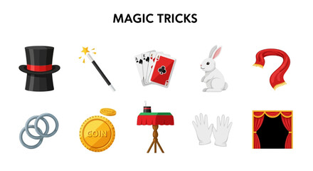 Ten flat design icons representing magic tricks displayed in two rows against a white background © Kenywanch