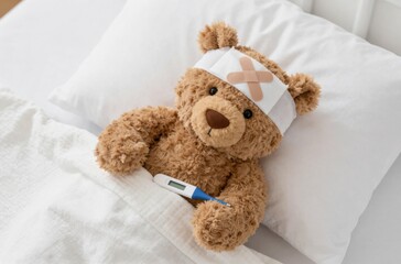 Teddy Bear Ill in Bed with Fever and Bandage - Childhood Sickness and Healthcare