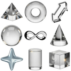 3d render of various geometric shapes and symbols with clear glass and metallic chrome finishes,...