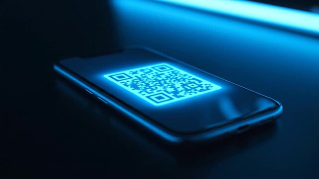 Glowing blue QR code displayed on a sleek smartphone in dark setting