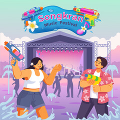 Happy People Playing Water Guns at Songkran Music Festival, Summer Celebration Illustration