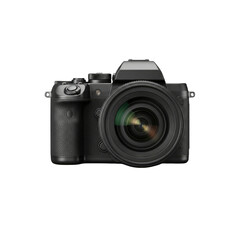 Black digital camera with lens isolated On Transparent Background