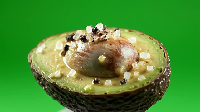 A close-up shot of a halved avocado, seasoned with salt and peppercorns, on a bright green backdrop