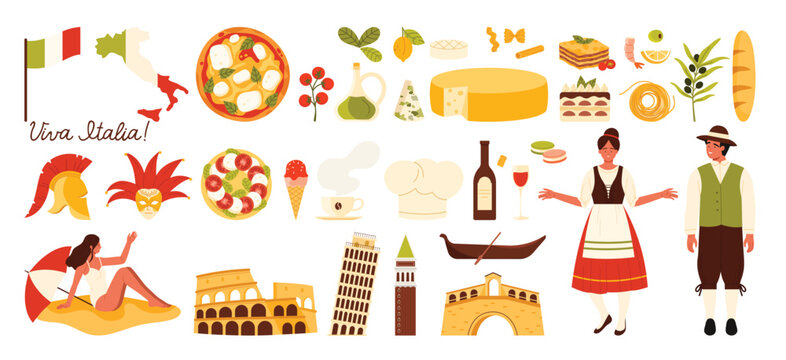 Travel to Italy set. Italian people in traditional costumes and famous tourists architecture landmarks, food and wine, gondola and mask of Venice, map and flag of Italy cartoon vector illustration
