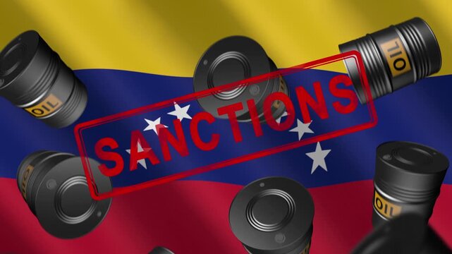 Falling oil barrels with sanctions stamps against the backdrop of the Venezuelan flag, symbolizing economic restrictions and international pressure.