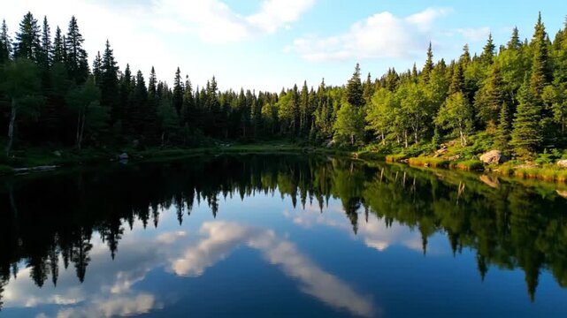 Cinematic aerial drone shot of a tranquil mountain lake with a perfect mirror reflection of a dense pine forest and blue sky at golden hour