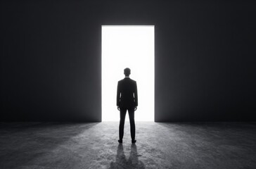 Obraz premium Man in Suit Standing Before Bright Doorway, Representing Opportunity, Success and Future Potential