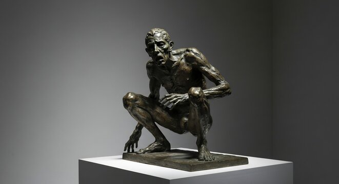 Bronze sculpture of a crouching gaunt man with an open mouth displayed on a white platform against a gradient gray background