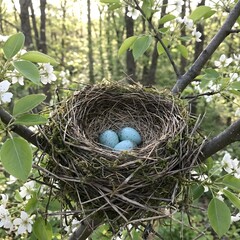 bird nest with blue eggs and spring blossoms