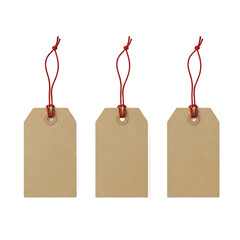 Three Blank Kraft Paper Gift Tags with Red String graphic Isolated on a transparent Background