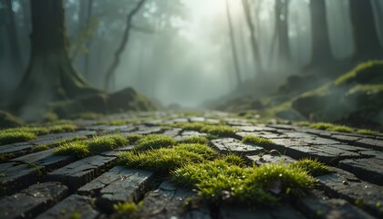 Naklejka premium Mossy Stone Path in Misty Forest