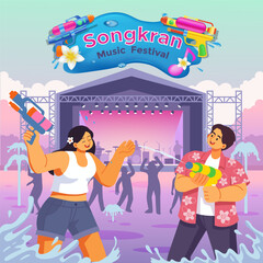 Happy People Playing Water Guns at Songkran Music Festival, Summer Celebration Illustration