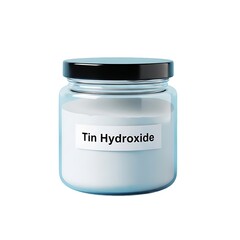 A glass jar containing tin hydroxide powder on a plain white background viewed from the front