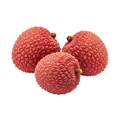 Three Lychee Fruits with Textured Red Skin Isolated on a transparent Background