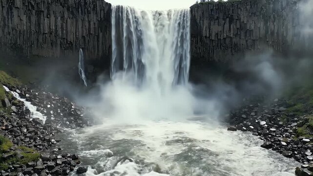 A towering waterfall cascades down a massive rock face, creating a misty cloud below