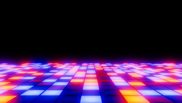 Glowing led grid creates a vibrant retro digital gaming or dance floor background
