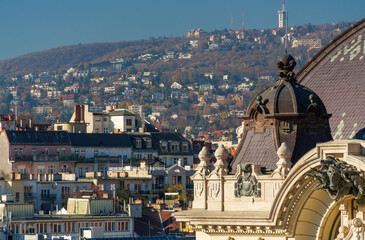 Building details, facade and roof, European medieval architecture, Royal Palace in Budapest, Hungary, cityscape in background