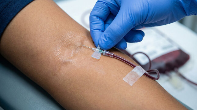 Blood donation arm closeup, a sharp macro shot of a person's arm during a blood donation procedure