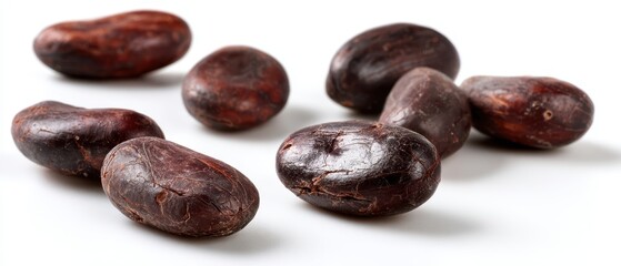 Obraz premium The Cocoa Beans Close Up on White Background Showing Rich Texture and Shine