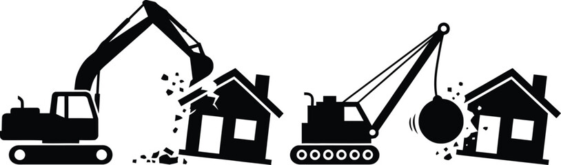 Heavy machinery demolishing houses in a construction site illustration © candysartistry