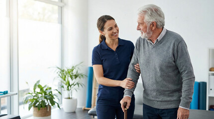 Fototapeta premium Elderly man with cane in clinic, a respectful and supportive scene of a kind elderly man being assisted by a physiotherapist in a modern treatment room