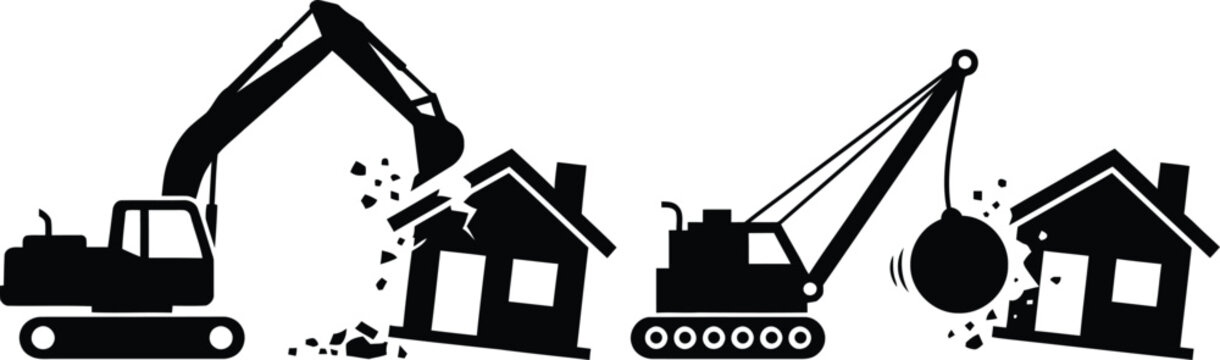 Heavy machinery demolishing houses in a construction site illustration