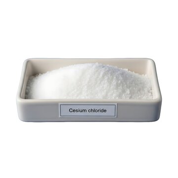 A container filled with Cesium chloride powder, displayed on a plain surface, captured from a straightforward viewpoint